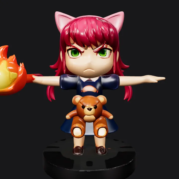 Girl figure with pink hair and fire. smooth edges, complex geometry, game-ready, character.