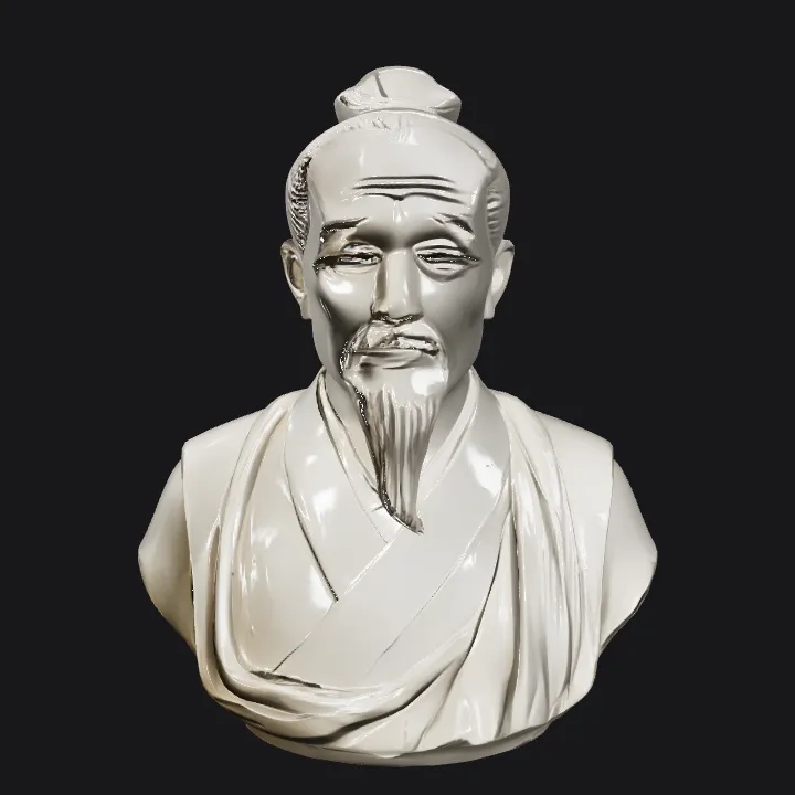 Marble bust of a robed figure with a topknot. smooth edges, complex geometry, character, symmetric geometry.