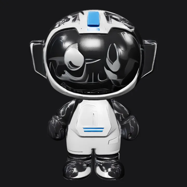 Cartoon robot mascot character. smooth edges, simple geometry, game-ready, character, symmetric geometry.