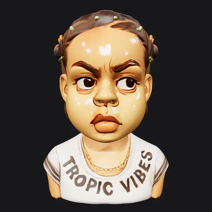 child wearing 'Tropic Vibes' shirt. smooth edges, complex geometry, character.