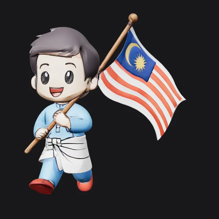 Cartoon boy holding Malaysian flag. smooth edges, simple geometry, character.