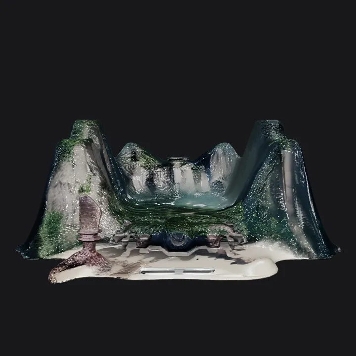 Mountain landscape with large cave opening. complex geometry.