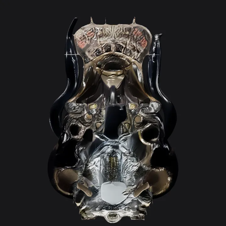 Fantasy character with ornate costume and mask. complex geometry, sharp edges, character, symmetric geometry.