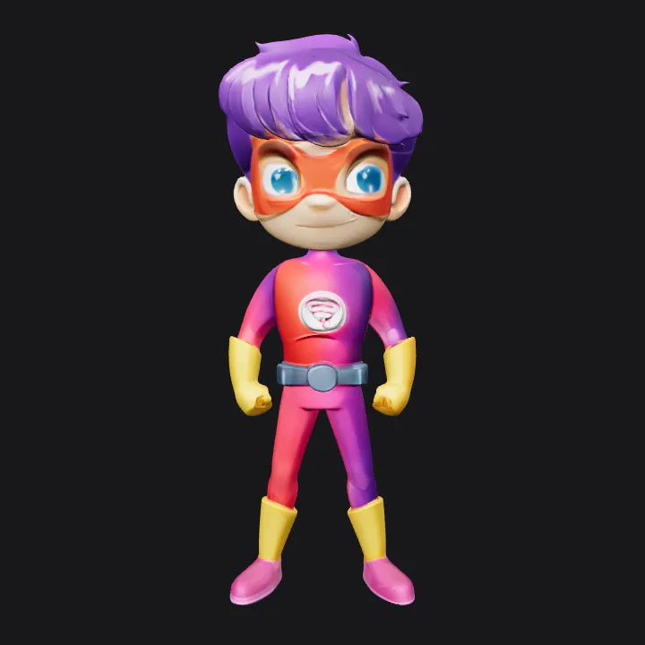 Cartoon boy superhero in red costume. smooth edges, simple geometry, game-ready, character, symmetric geometry.