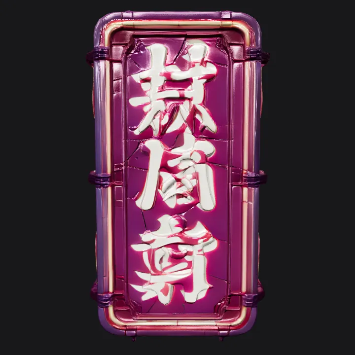 Japanese neon signboard with glowing kanji. sharp edges, smooth edges, complex geometry, game-ready, symmetric geometry.