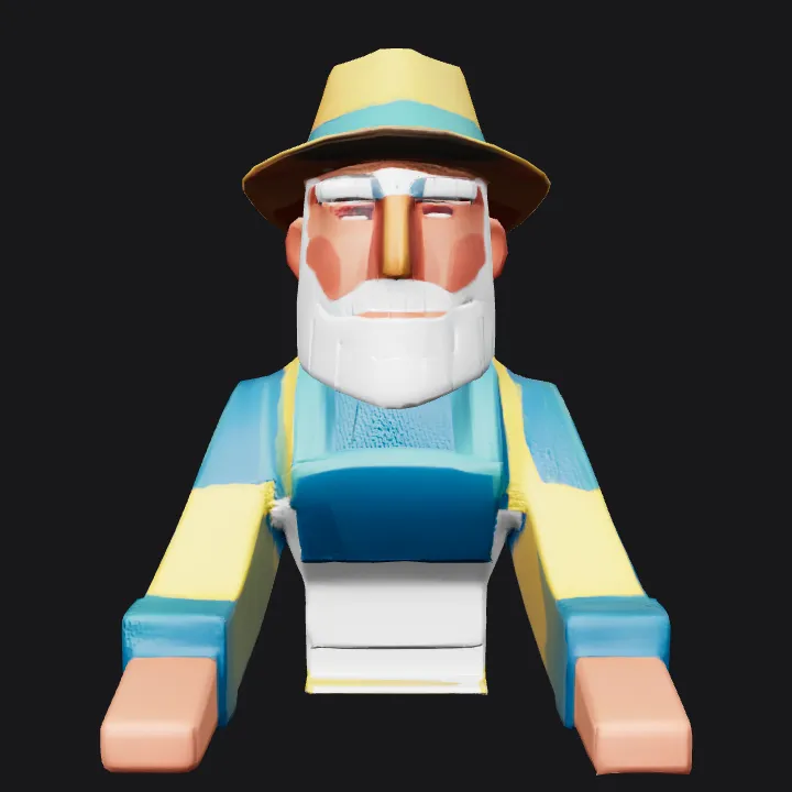 person wearing hat and blue outfit. smooth edges, simple geometry, character.