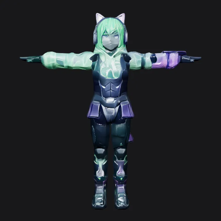 Armored cat-eared humanoid character. sharp edges, complex geometry, game-ready, character, symmetric geometry.