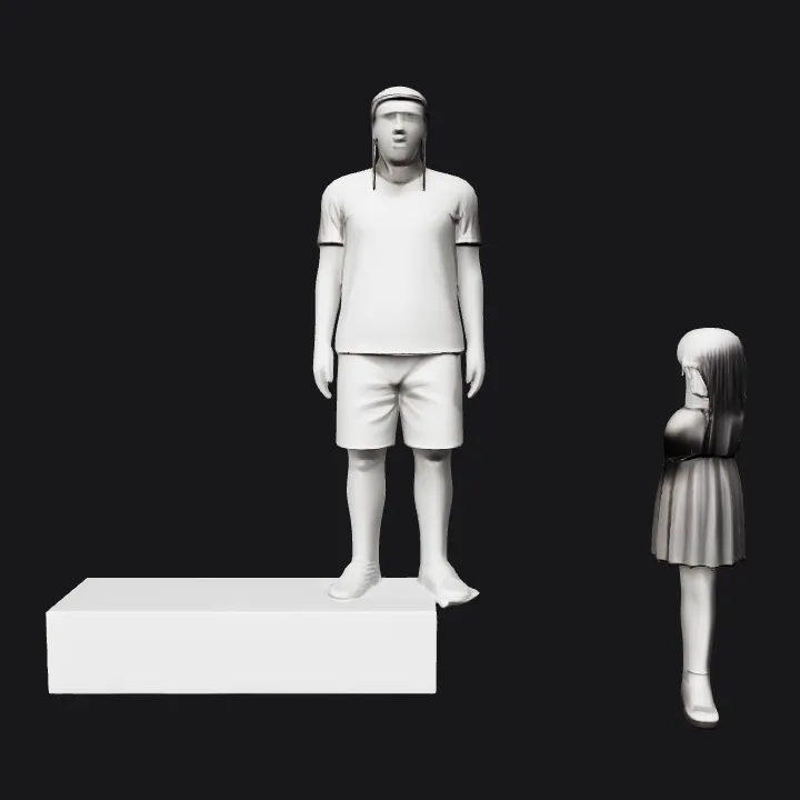 Person leaving a modern apartment building. sharp edges, complex geometry, character.