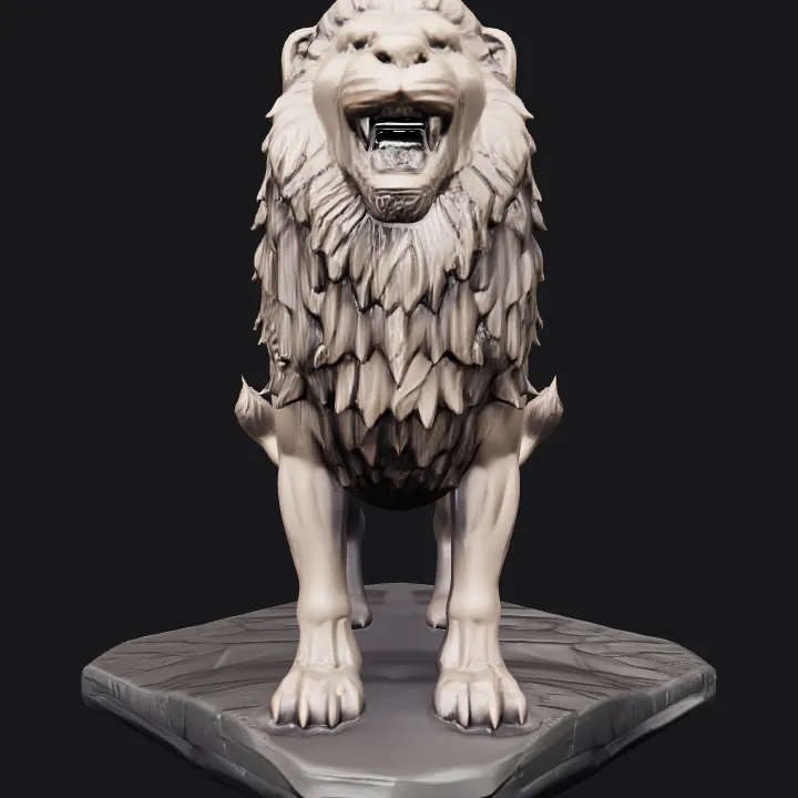 Lion standing on a rock sculpture. complex geometry, smooth edges, character.