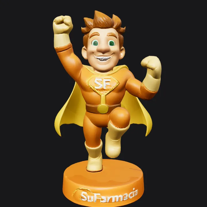 superhero mascot figurine in orange costume. smooth edges, complex geometry, character.