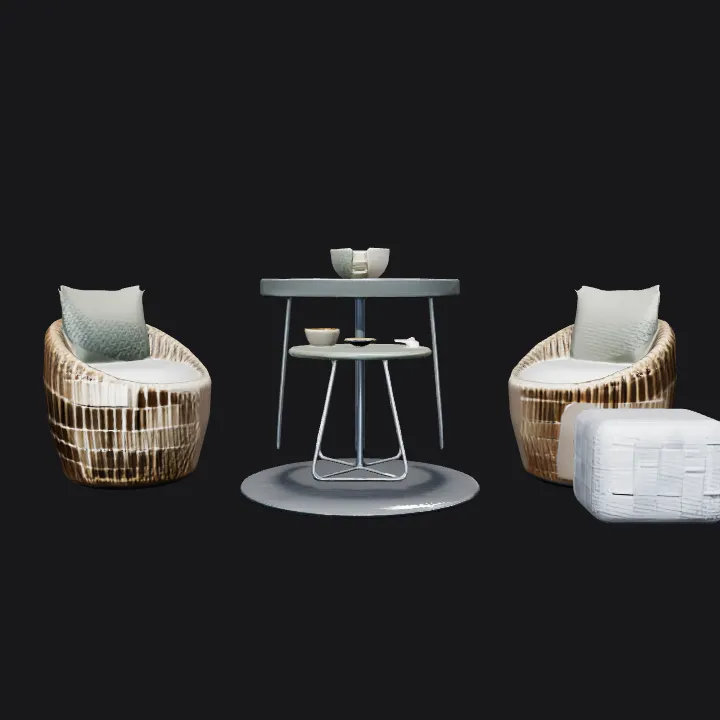 Two round metal side tables with objects. sharp edges, simple geometry, symmetric geometry.