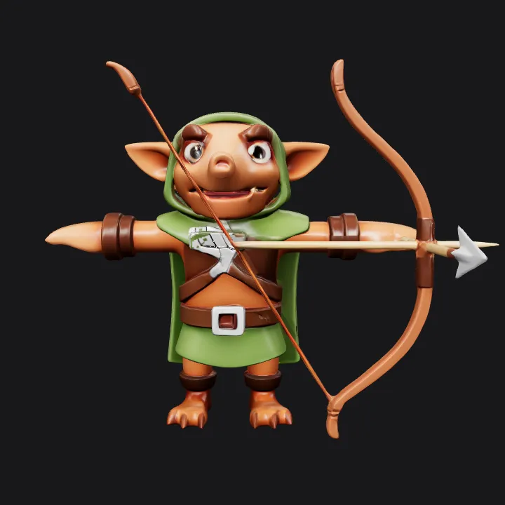 Goblin archer holding bow and arrows. smooth edges, simple geometry, game-ready, character.