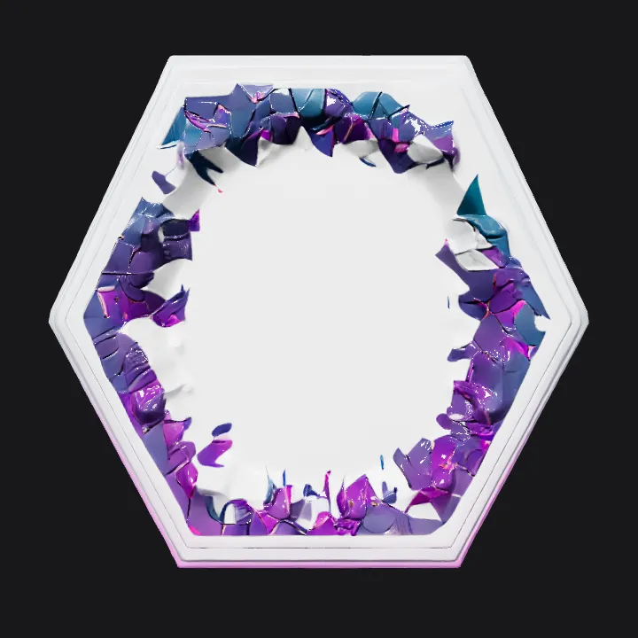 Glowing hexagonal frame with shattered glass center. sharp edges, complex geometry, game-ready, symmetric geometry.