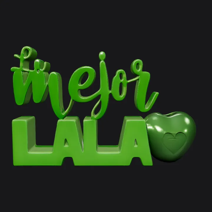 Green decorative letters and heart sculpture. sharp edges, simple geometry.