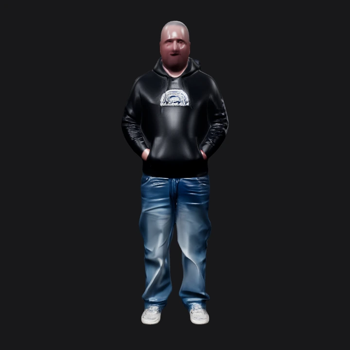 A standing person in casual clothing. complex geometry, character.