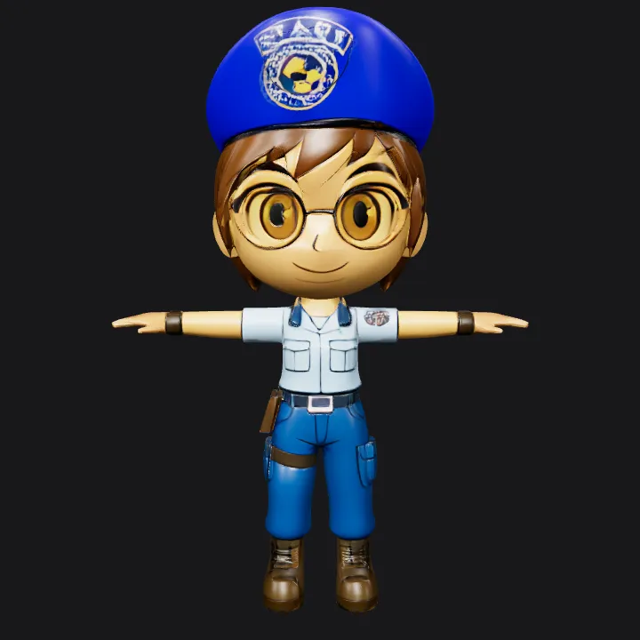 Cartoon police officer character. simple geometry, smooth edges, game-ready, character.