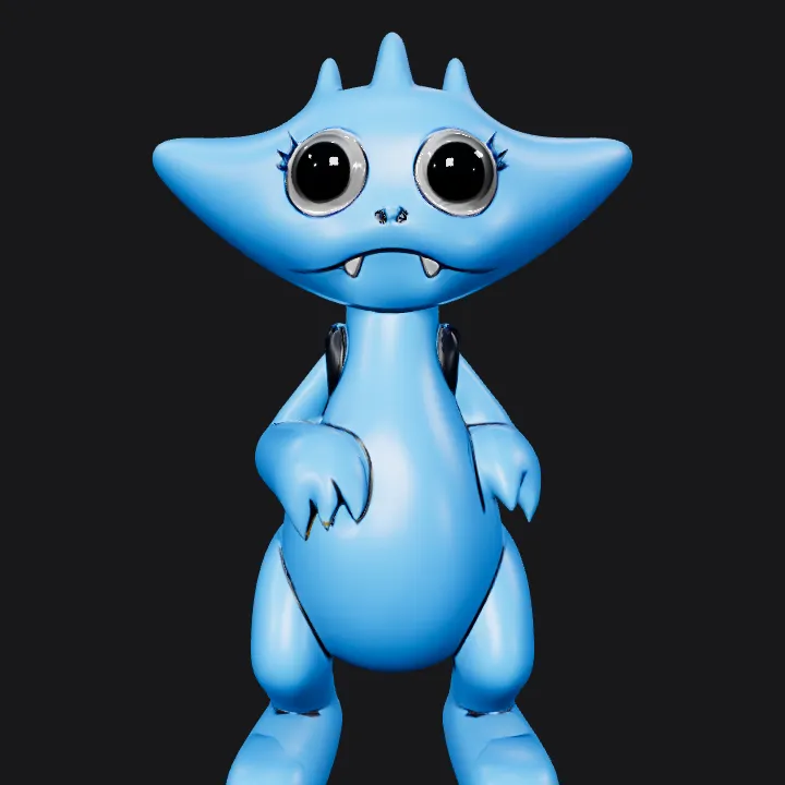 Cartoon blue dinosaur character with backpack. smooth edges, simple geometry, game-ready, character.