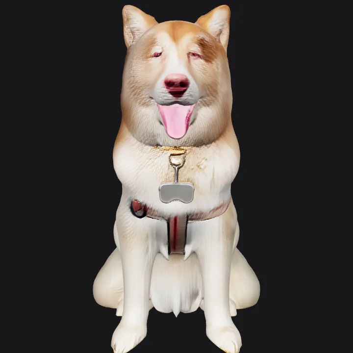 A seated dog beside a potted plant. smooth edges, complex geometry, character.