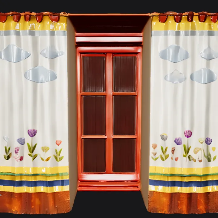 Curtained window on painted wall with birch trees. simple geometry, symmetric geometry.