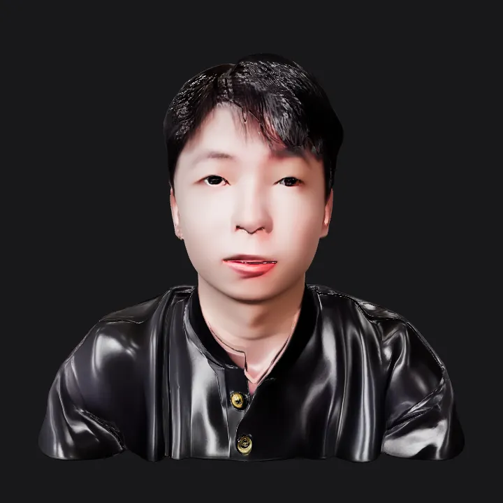 A seated person with dark hair. smooth edges, complex geometry, character.