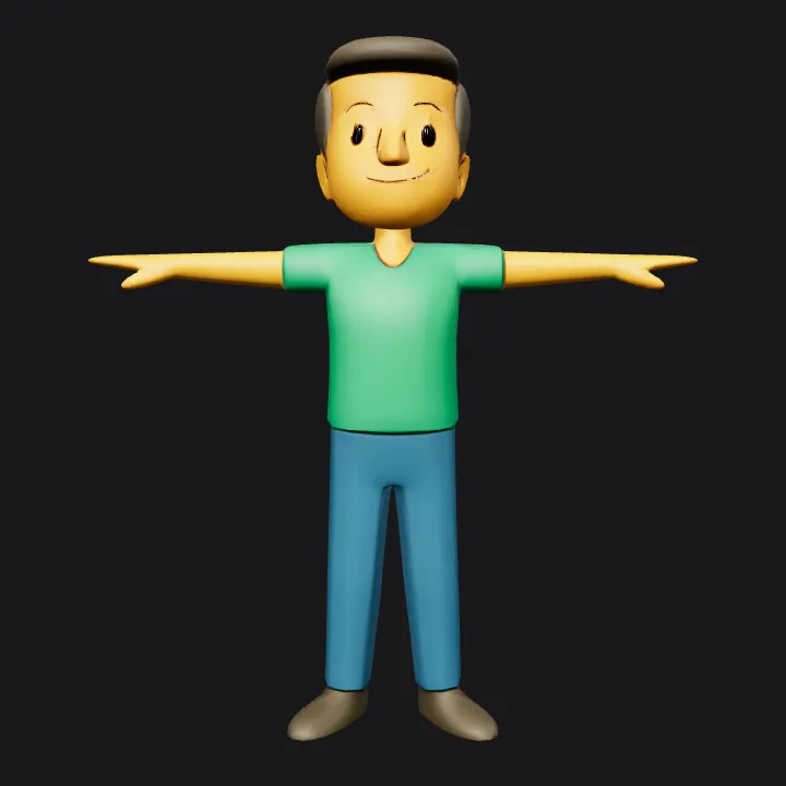 Cartoon man in T-pose. simple geometry, smooth edges, game-ready, character, symmetric geometry.