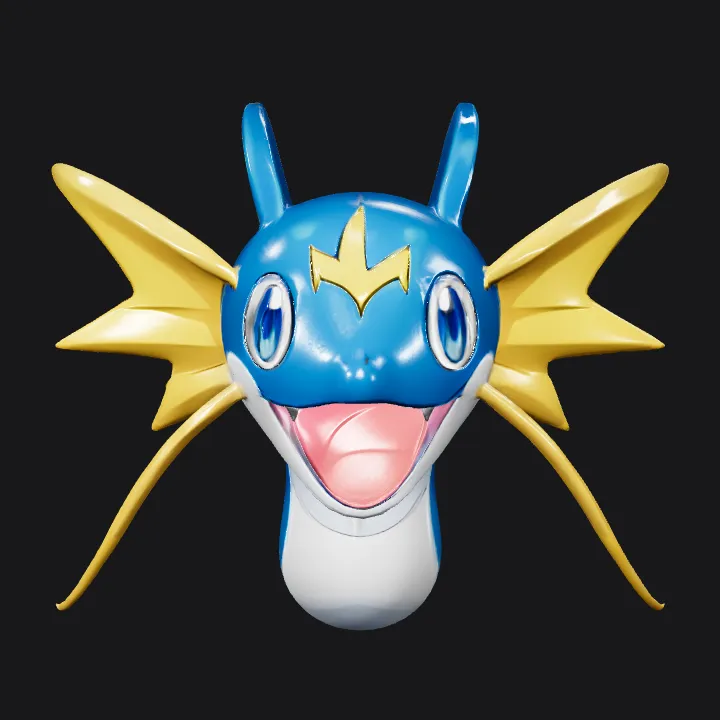 Blue and yellow aquatic dragon character. sharp edges, complex geometry, game-ready, character, symmetric geometry.