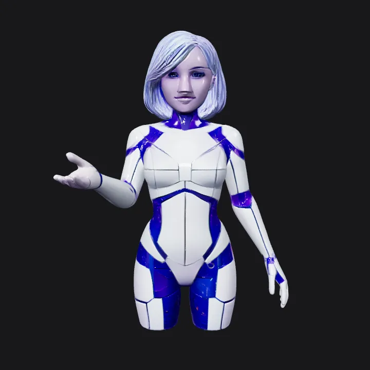 A futuristic humanoid robot figure. smooth edges, complex geometry, game-ready, character, symmetric geometry.