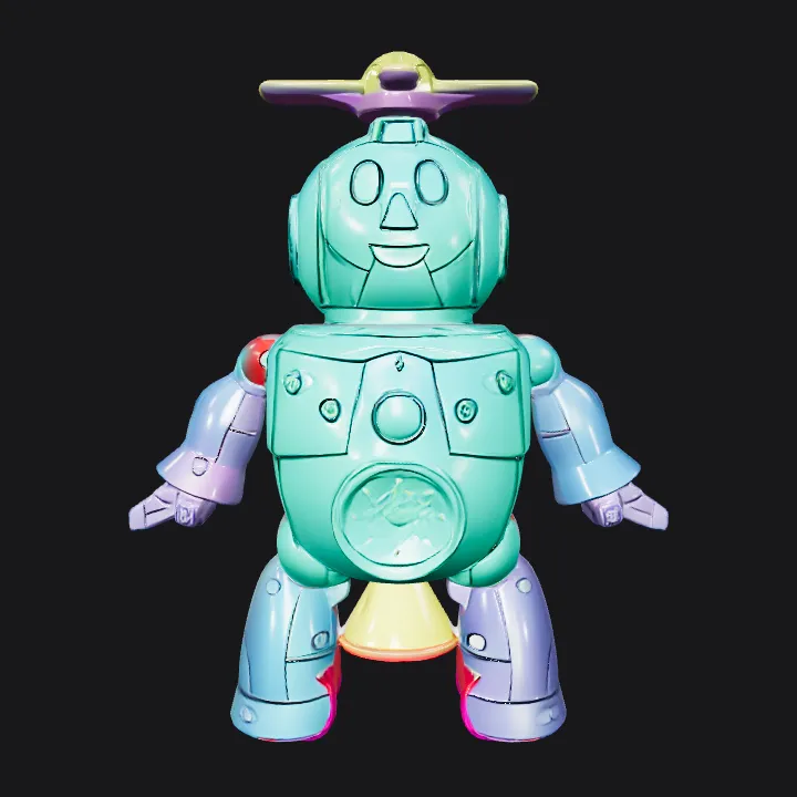 Cartoon robot with propeller head. sharp edges, smooth edges, complex geometry, game-ready, character, symmetric geometry.