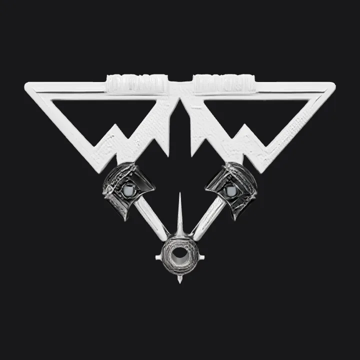 Logo with mechanical parts and mountain shape. sharp edges, simple geometry, symmetric geometry.