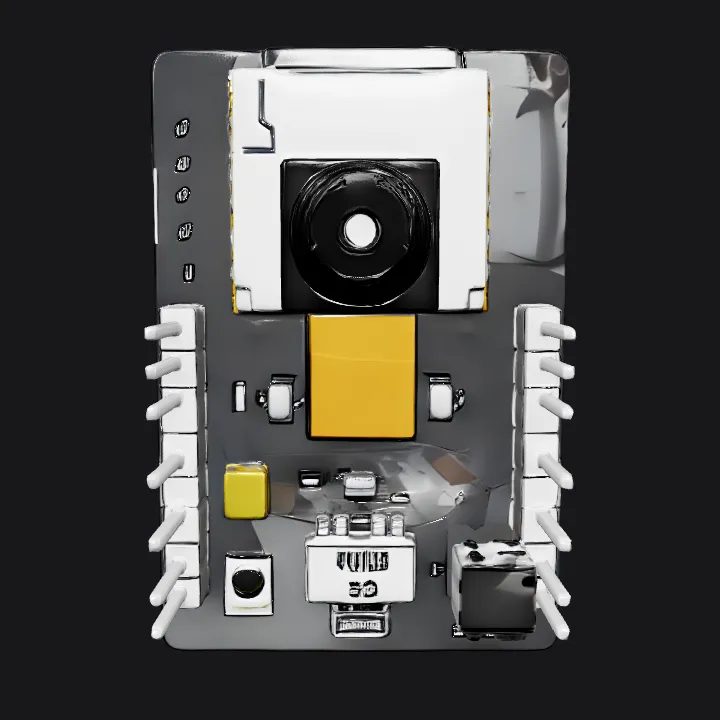 Miniature electronic camera module with components. sharp edges, complex geometry, game-ready.