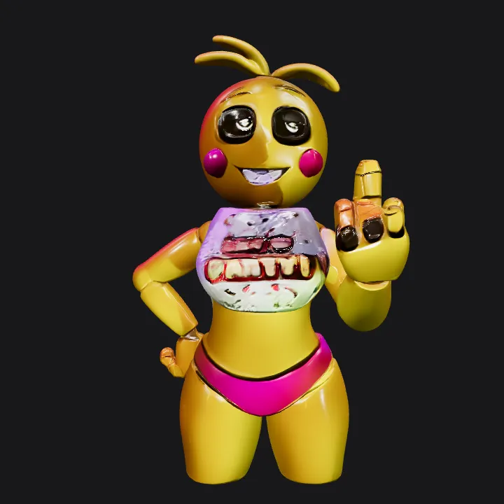 Yellow animatronic bird character with party bib. smooth edges, complex geometry, game-ready, character.