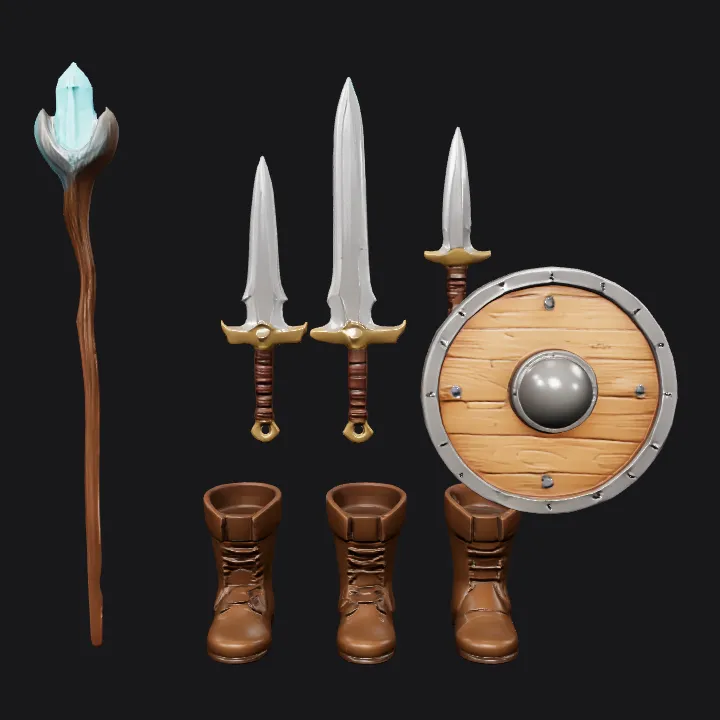 Set of medieval fantasy weapons and armor. sharp edges, smooth edges, game-ready, simple geometry.