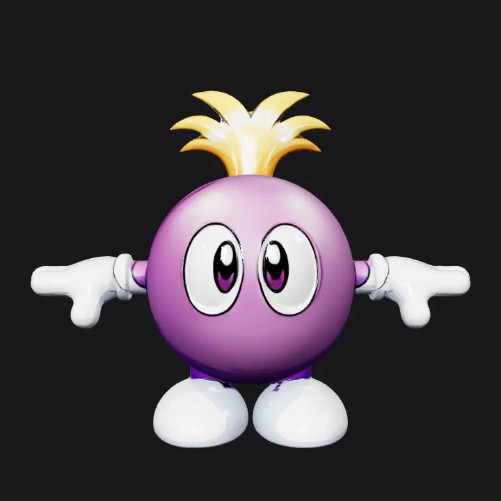 Cartoon purple round character with spiky hair. smooth edges, simple geometry, game-ready, character, symmetric geometry.