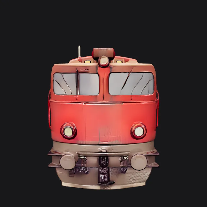 Front view of a red train locomotive. smooth edges, complex geometry, symmetric geometry.