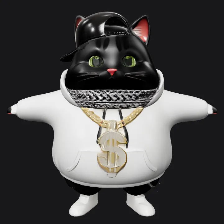 Hip-hop styled black cat wearing jewelry. smooth edges, complex geometry, game-ready, character.
