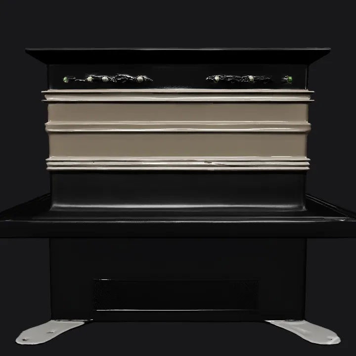 Exploded view of an oven or electric grill. sharp edges, complex geometry, symmetric geometry.