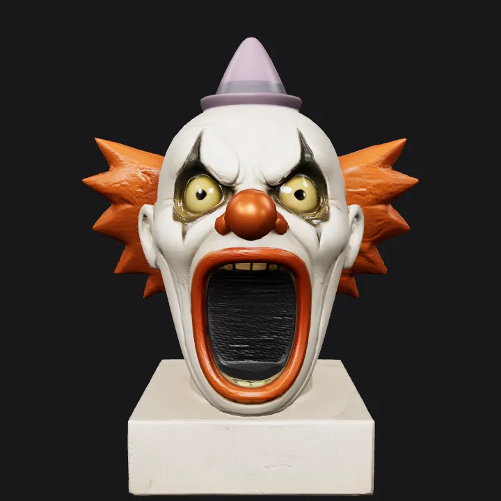 Clown head carnival game prop. smooth edges, simple geometry, game-ready, character, symmetric geometry.