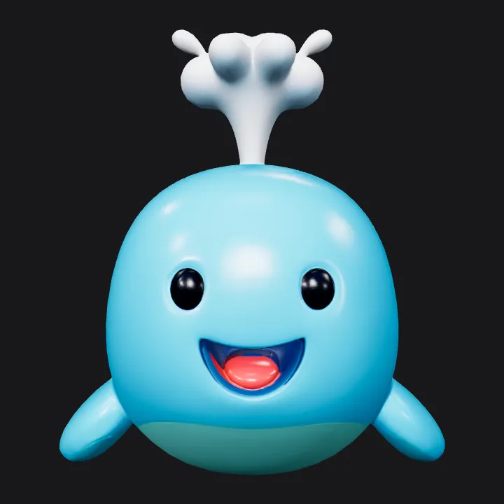 cute cartoon blue whale. smooth edges, simple geometry, game-ready, character, symmetric geometry.