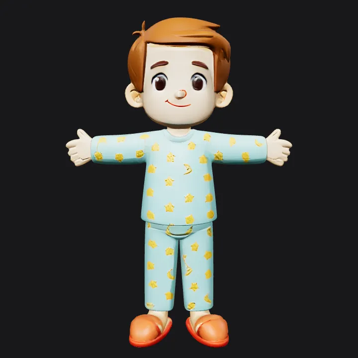 Cartoon boy in star-patterned pajamas. smooth edges, simple geometry, character, symmetric geometry.