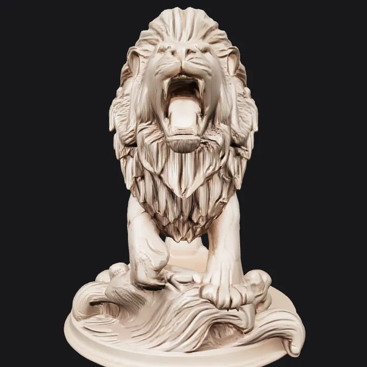 Lion roaring statue on decorative base. complex geometry, sharp edges.