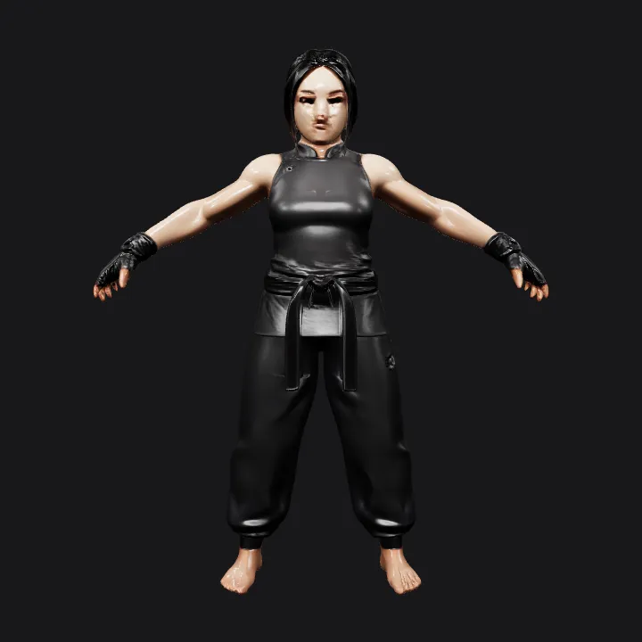 female martial artist in black outfit. smooth edges, complex geometry, character, symmetric geometry.