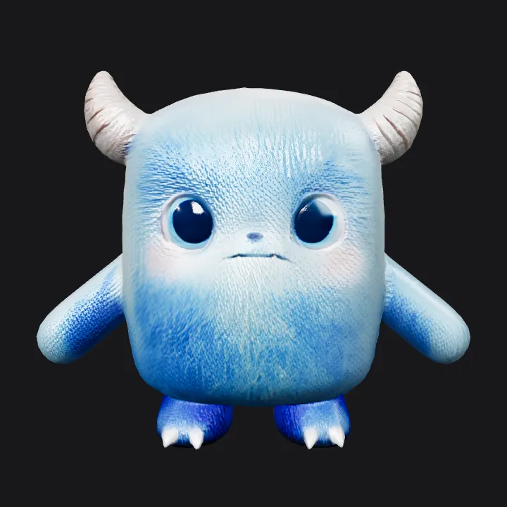 Cute blue furry monster with horns. smooth edges, simple geometry, game-ready, character, symmetric geometry.