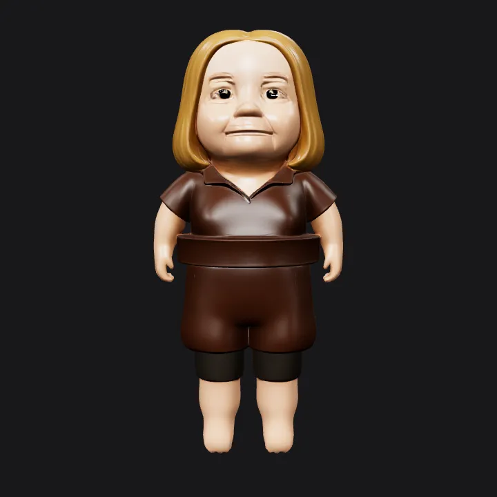 cartoonish figure with brown clothing and blonde hair. smooth edges, simple geometry, character, symmetric geometry.