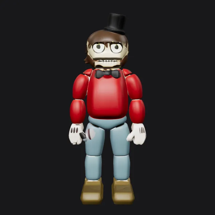 Cartoon humanoid robot with a hat and bowtie. smooth edges, simple geometry, game-ready, character, symmetric geometry.