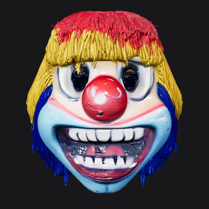 Colorful clown mask with yarn hair. smooth edges, complex geometry, character, symmetric geometry.