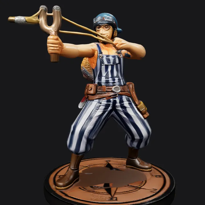 Male figurine with slingshot in striped overalls. complex geometry, smooth edges, game-ready, character.