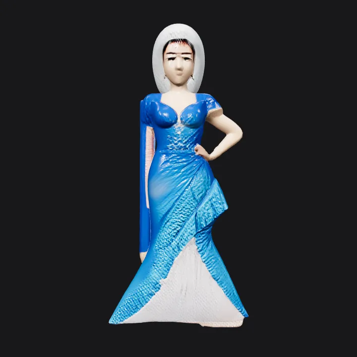 woman in a blue mermaid evening gown. smooth edges, complex geometry, character, symmetric geometry.