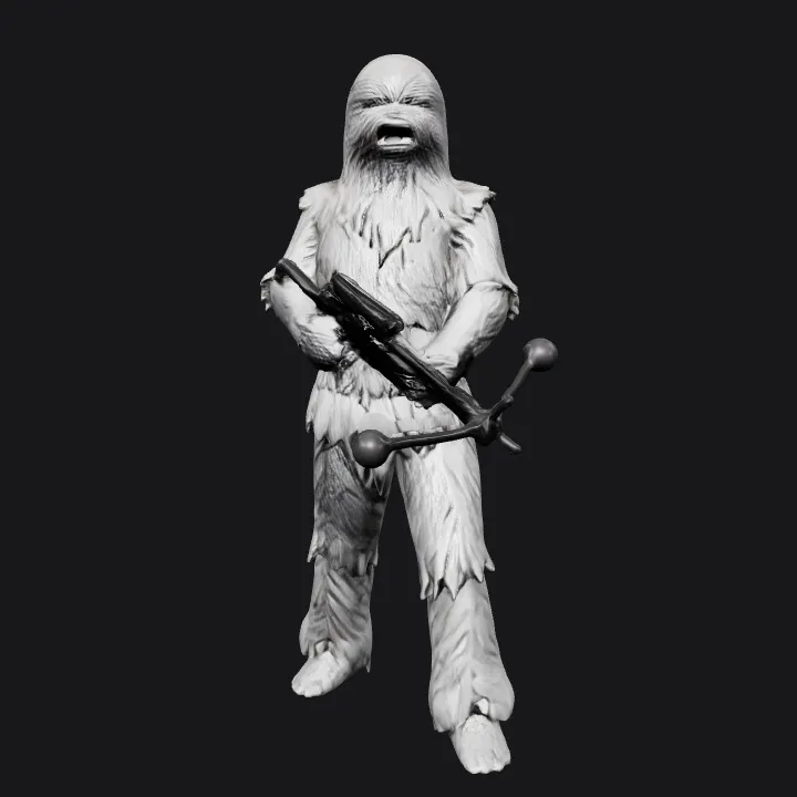 Chewbacca holding a blaster. complex geometry, sharp edges, character.
