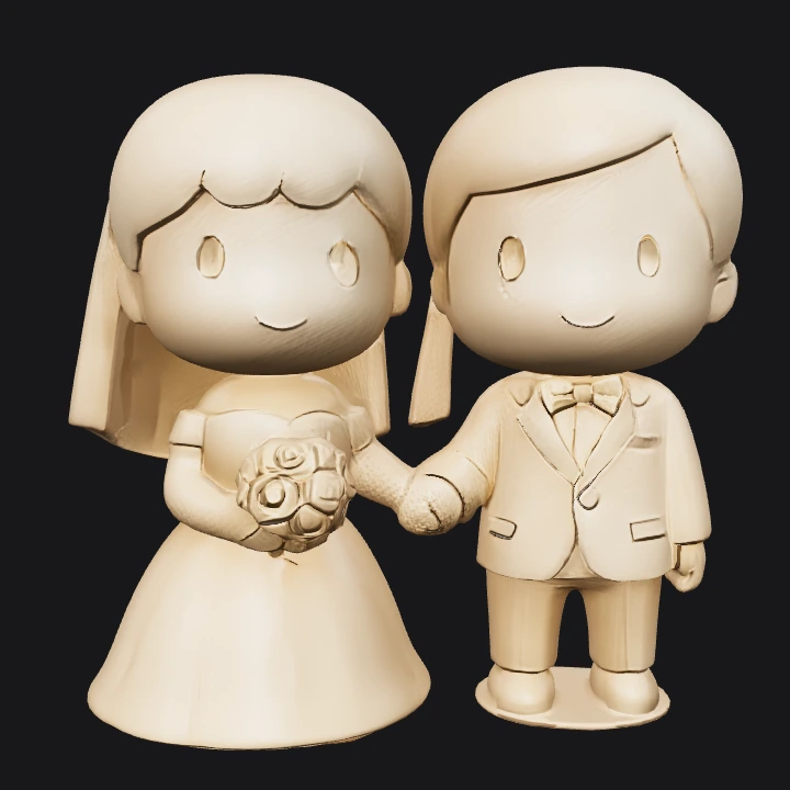 Bride and groom cartoon figurines. smooth edges, simple geometry, game-ready, character, symmetric geometry.