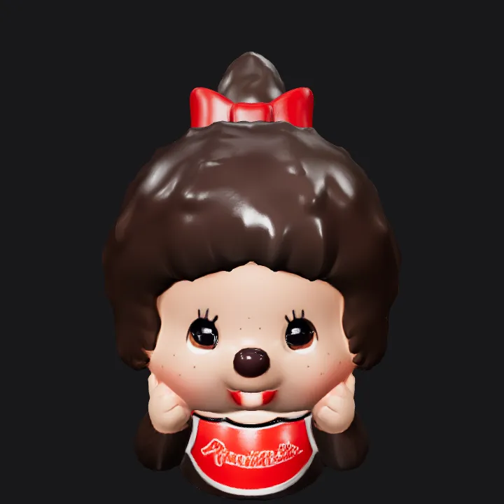 Monchhichi character doll with red bow. smooth edges, complex geometry, game-ready, character.